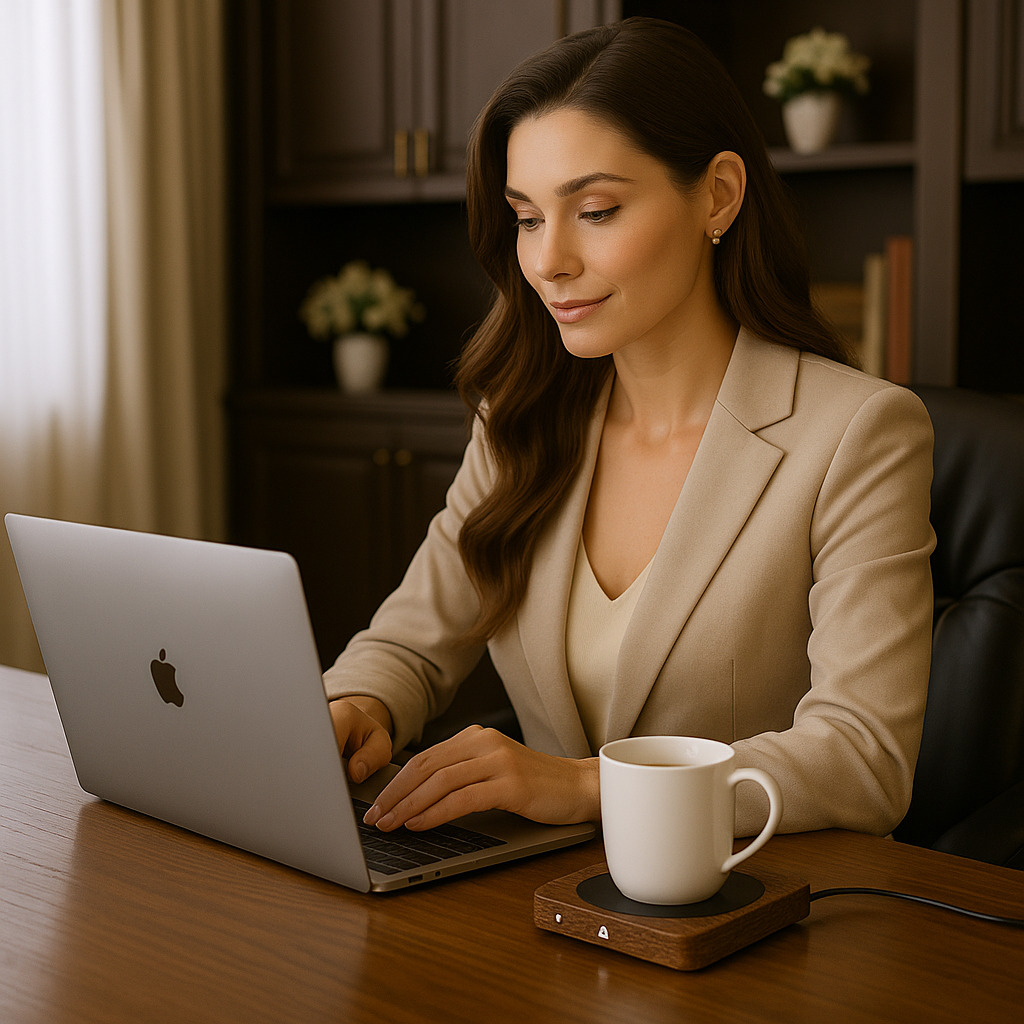 GlowWarm™ Smart Heating Coaster – Wood Grain Edition