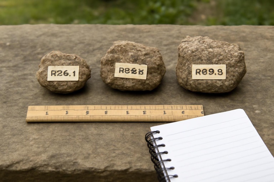 Three small labeled rocks on a backyard stone slab with a ruler and notebook