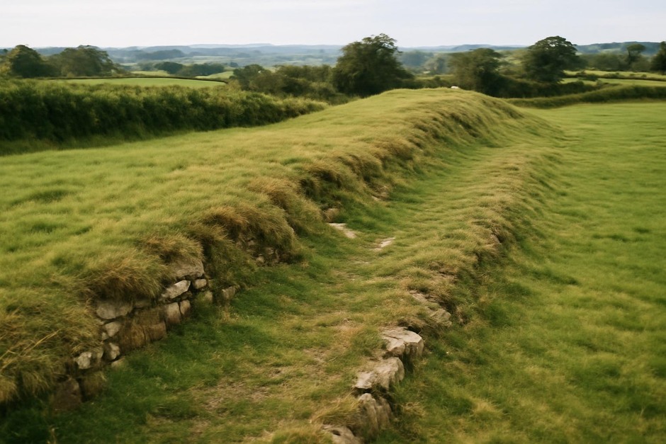 A grassy ridge line with older stone wall foundations visible under thin turf