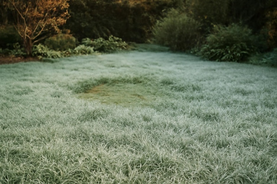 Early-morning frost on grass in a garden low spot