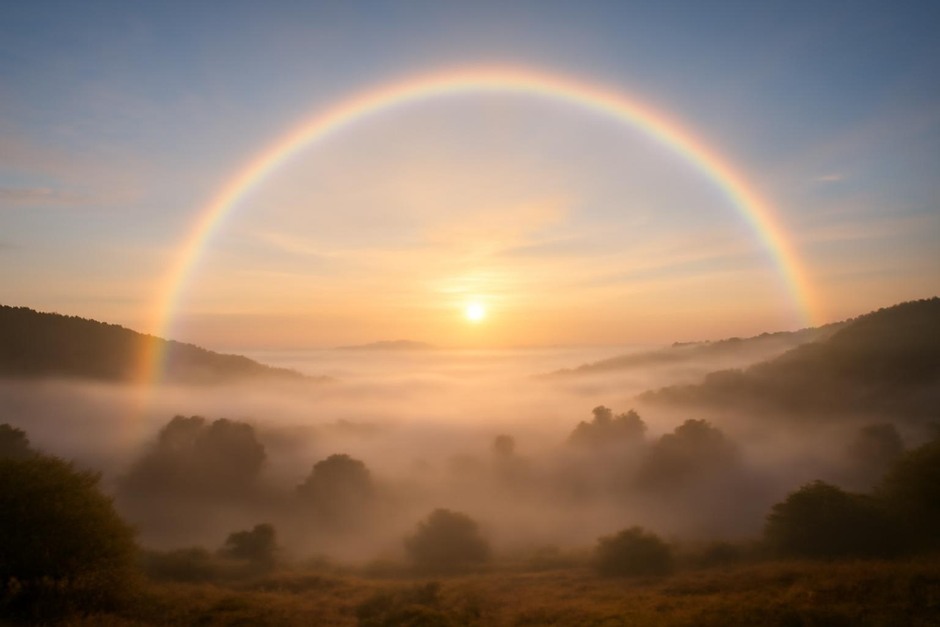 Fogbow and halo over a misty valley at sunrise