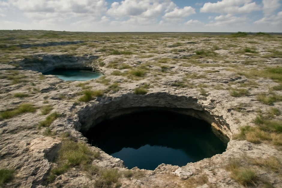 Limestone karst landscape with sinkholes and cenotes