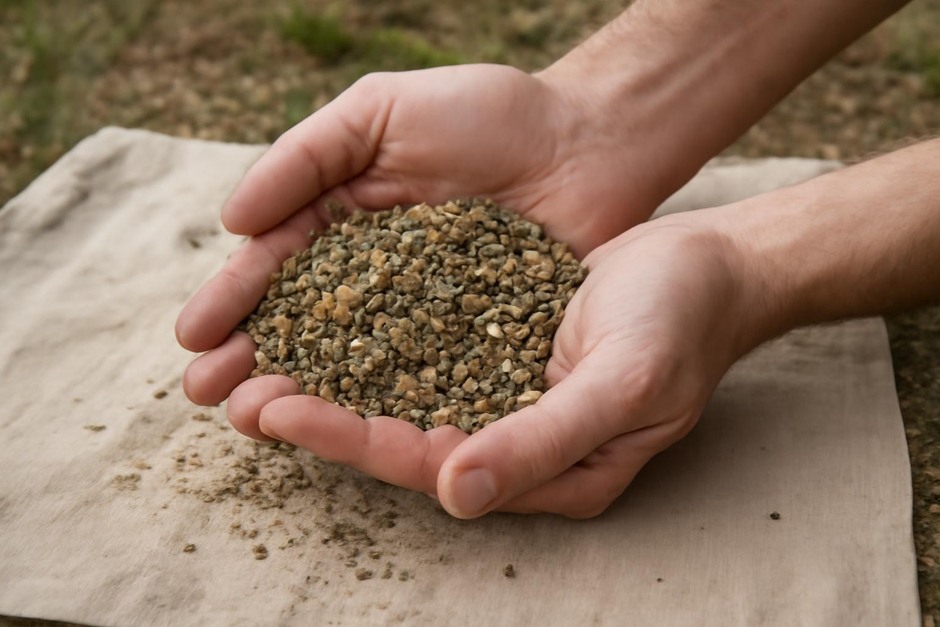 Hands holding mixed sediment grains on a fieldcloth