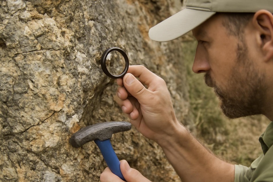 Close-up of a geologist performing hand-lens inspection on a rock outcrop