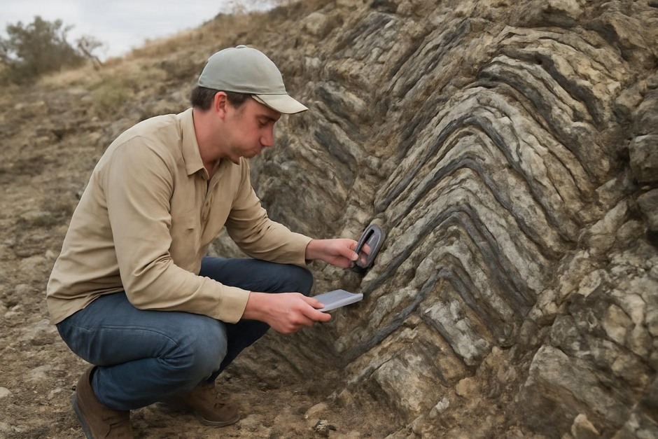 Geologist examining a folded outcrop and taking strike and dip measurements