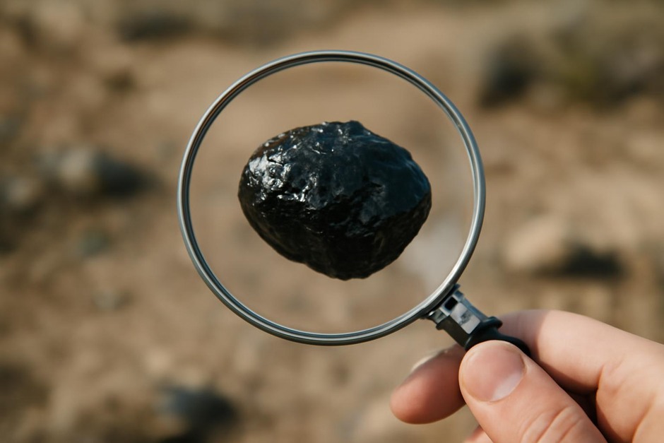 dark, glossy tektite on a hand lens