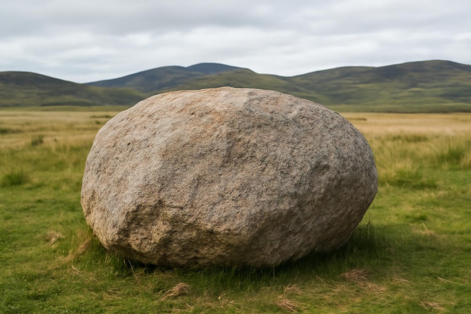 A large glacial erratic boulder resting on grass with distant hills