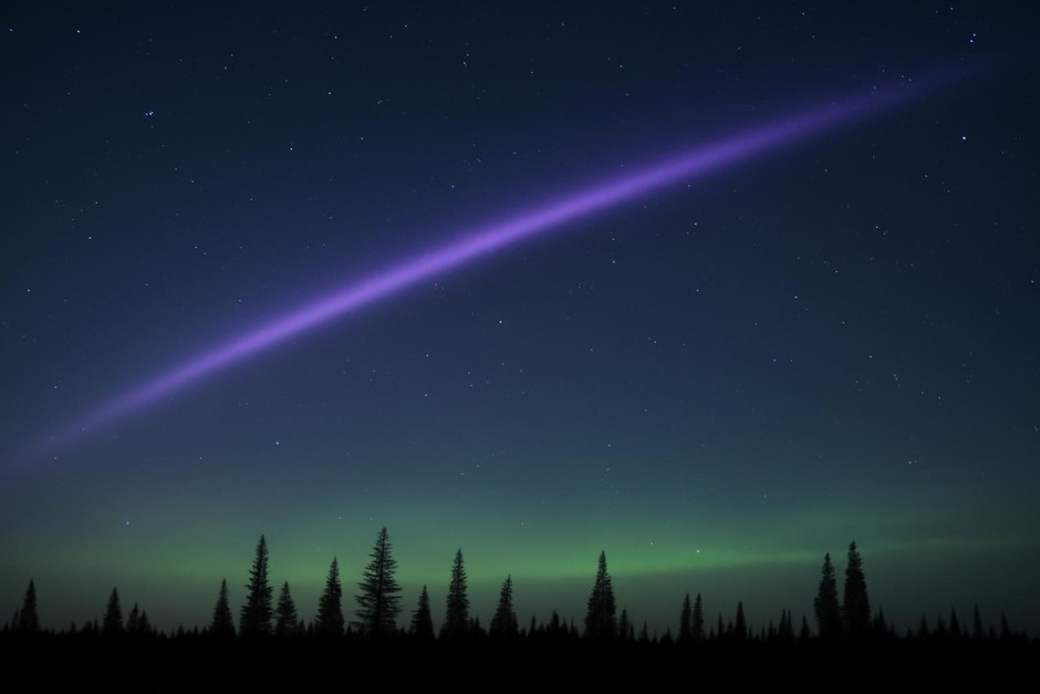 Narrow purple ribbon of STEVE cutting across a dark night sky with faint green picket-fence structures below